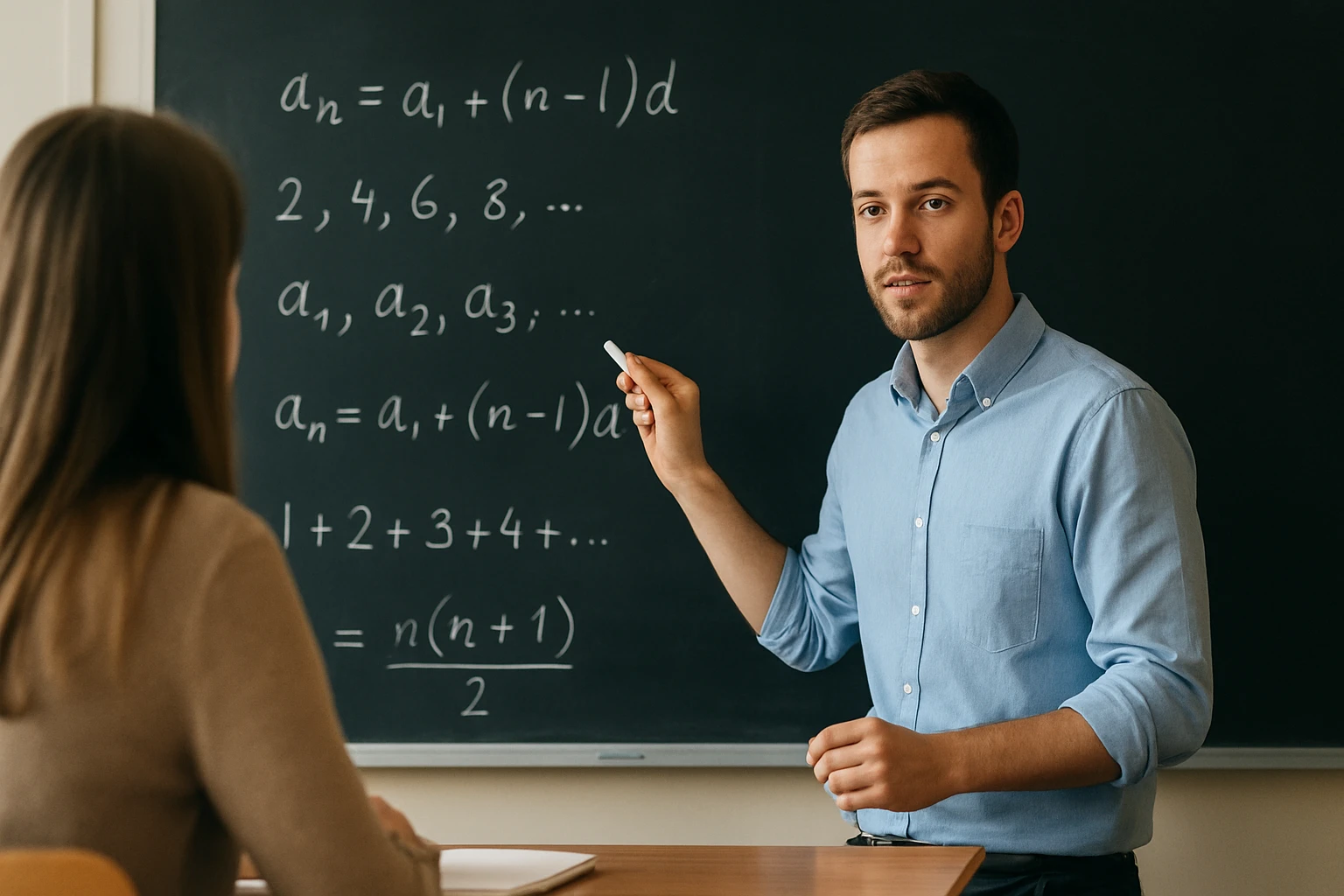 Egy tanár a táblán matematikai sorozatokat magyaráz, diák figyel.