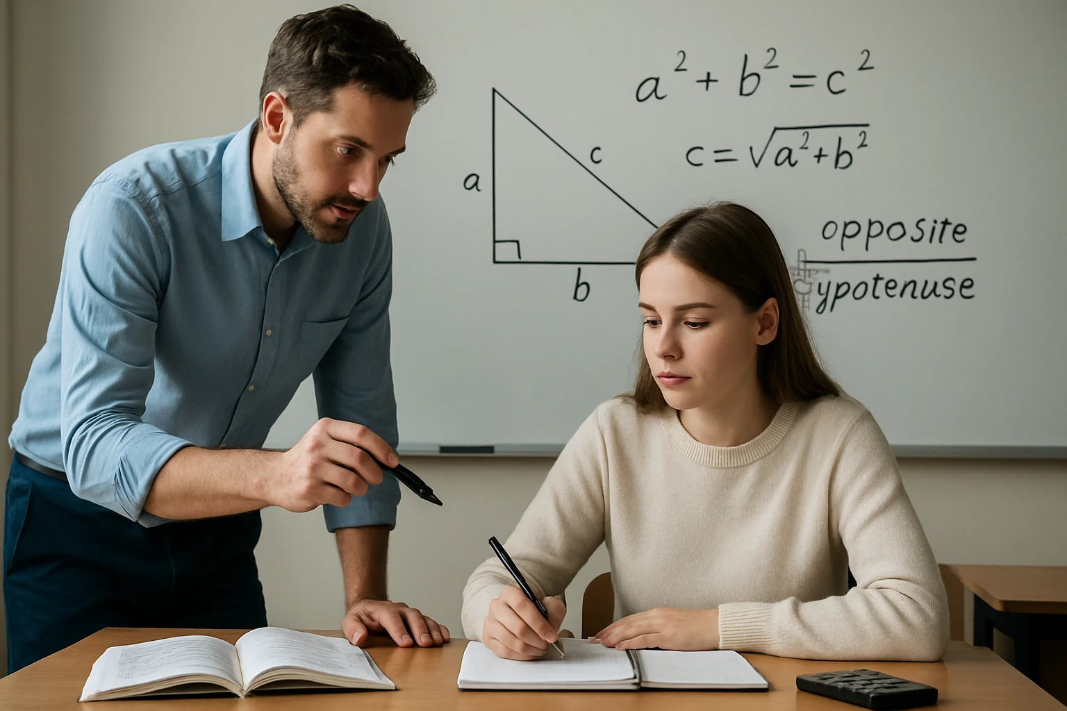 Egy tanár segít egy diáknak a matematikai feladatok megoldásában.