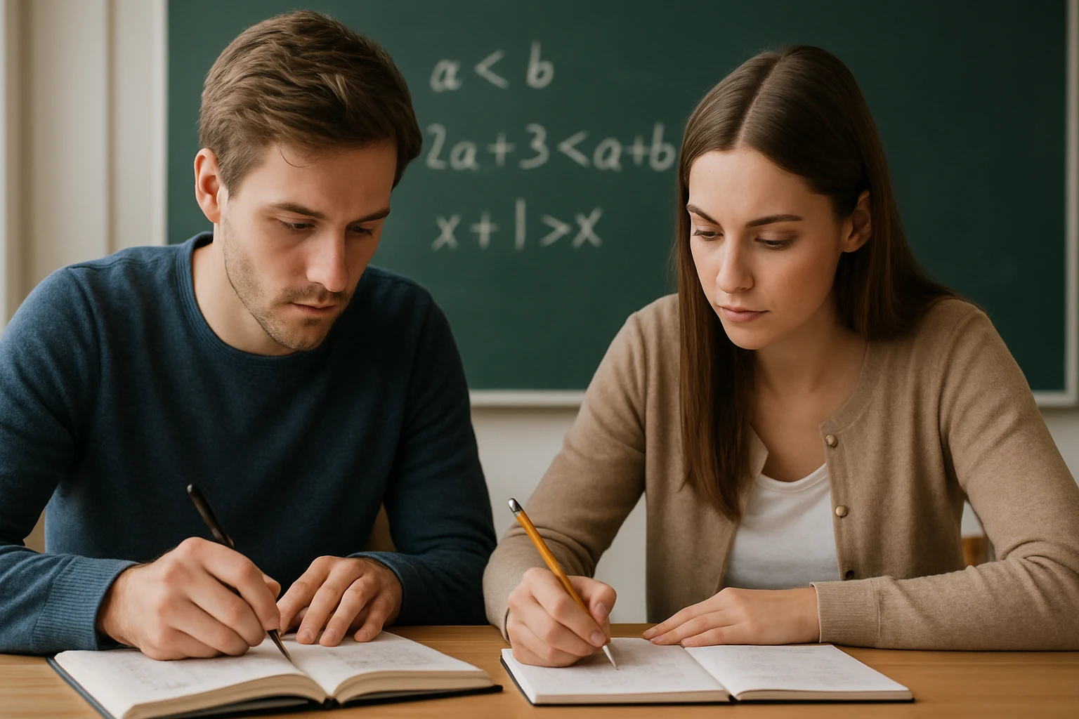 Két fiatal, aki matematikai feladatokat old meg egy asztalnál, jegyzetfüzetbe írva.