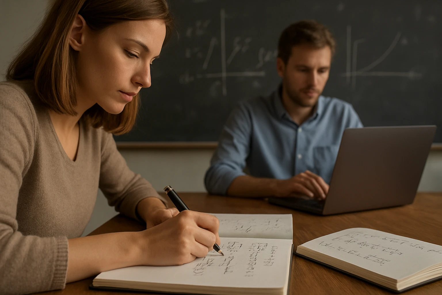 Egy fiatal nő matematikai feladatokat ír egy jegyzetfüzetbe, míg egy férfi laptopon dolgozik.