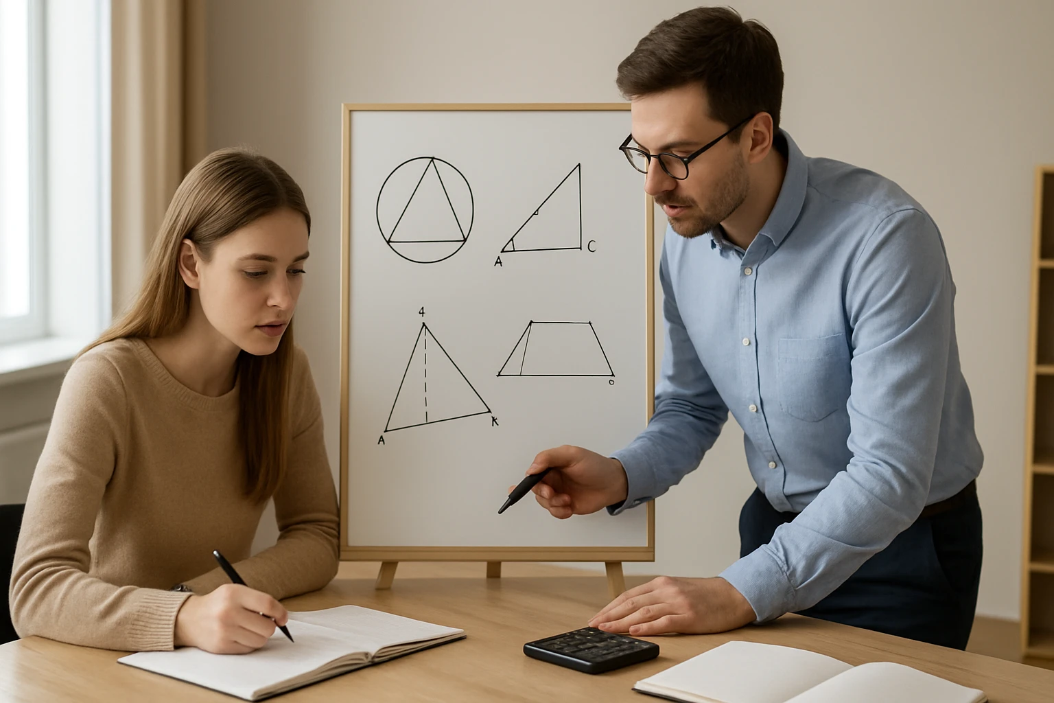 Egy férfi és egy nő matematikai feladatokat tanulmányoznak táblánál.