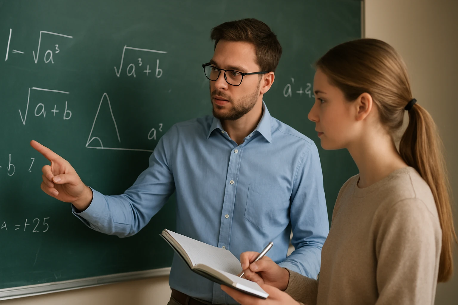 Egy tanár és egy diák matematikai problémát beszélnek meg táblánál.