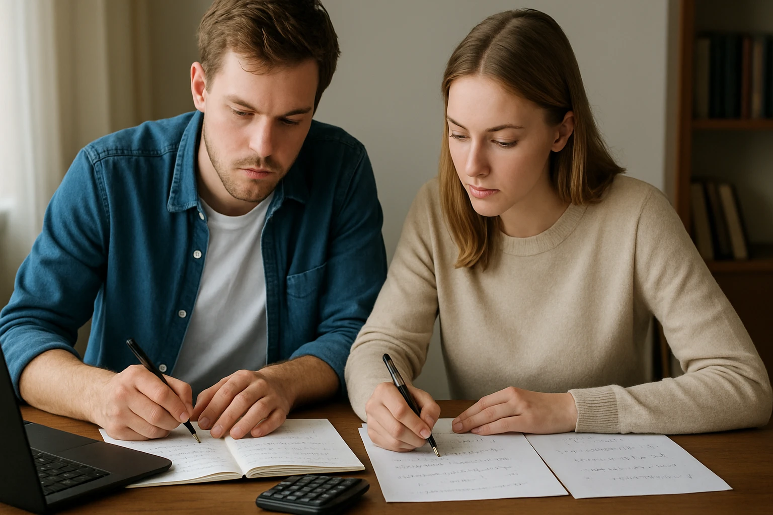 Két fiatal, aki matematikai feladatokat old meg, jegyzetelnek.