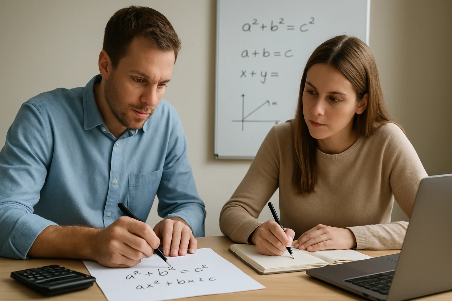 Két fiatal felnőtt matematikai feladatokat old meg egy asztalnál.