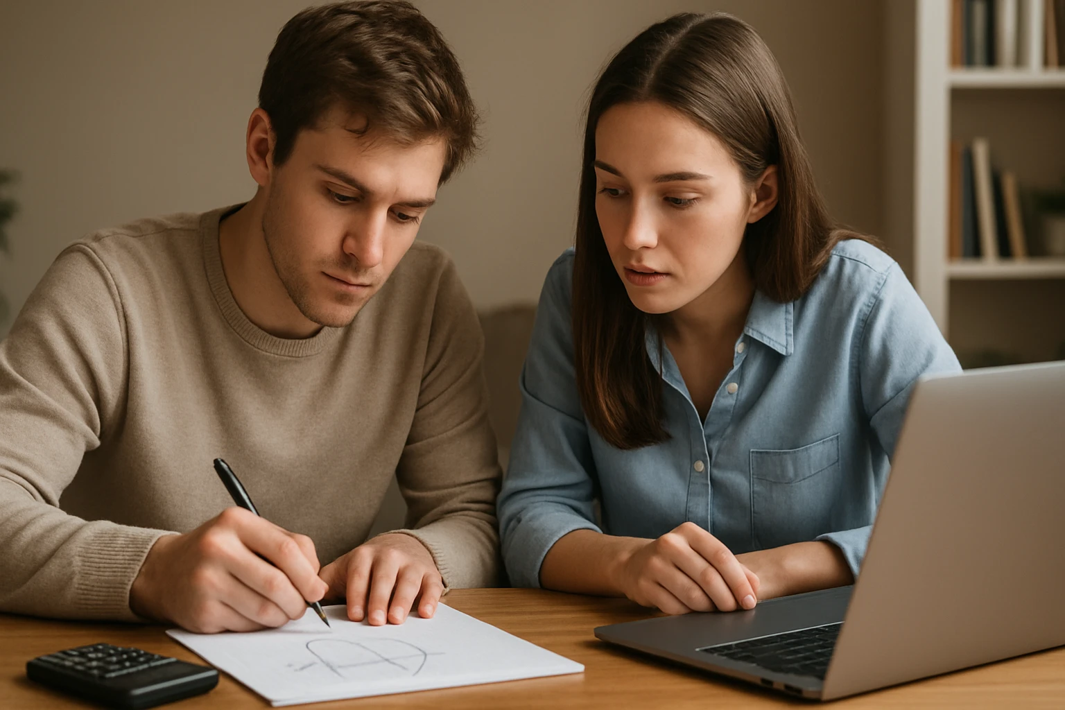 Két fiatal, egy férfi és egy nő, matematikai feladatot oldanak meg együtt.