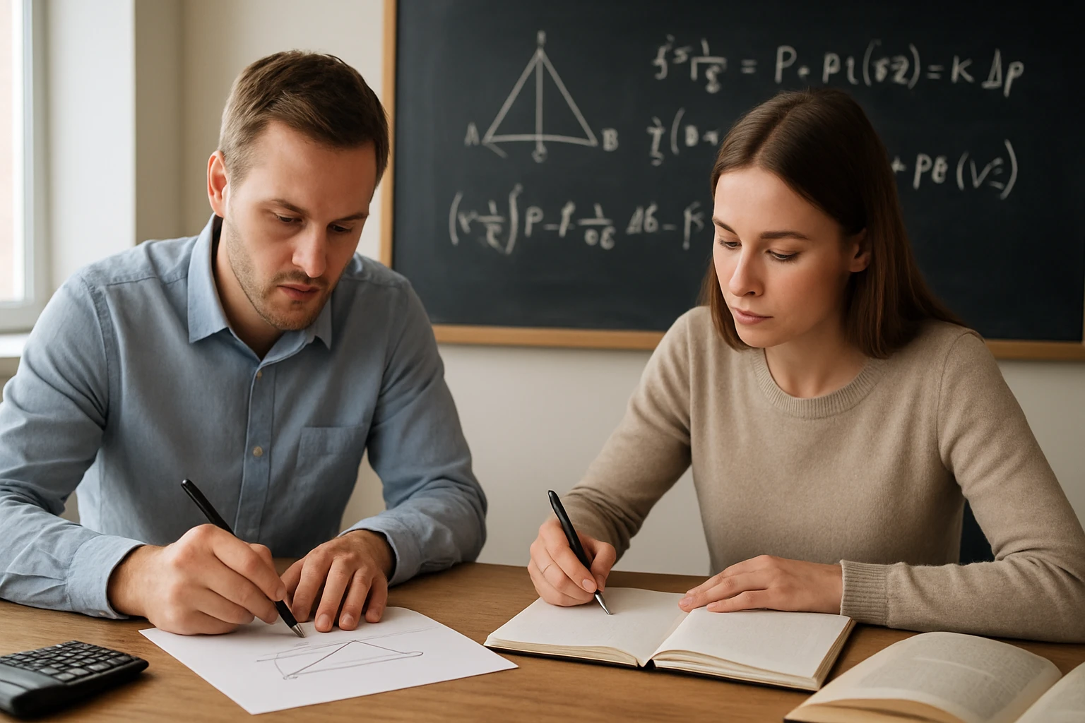 Két fiatal felnőtt matematikai feladatot old meg egy asztalnál.