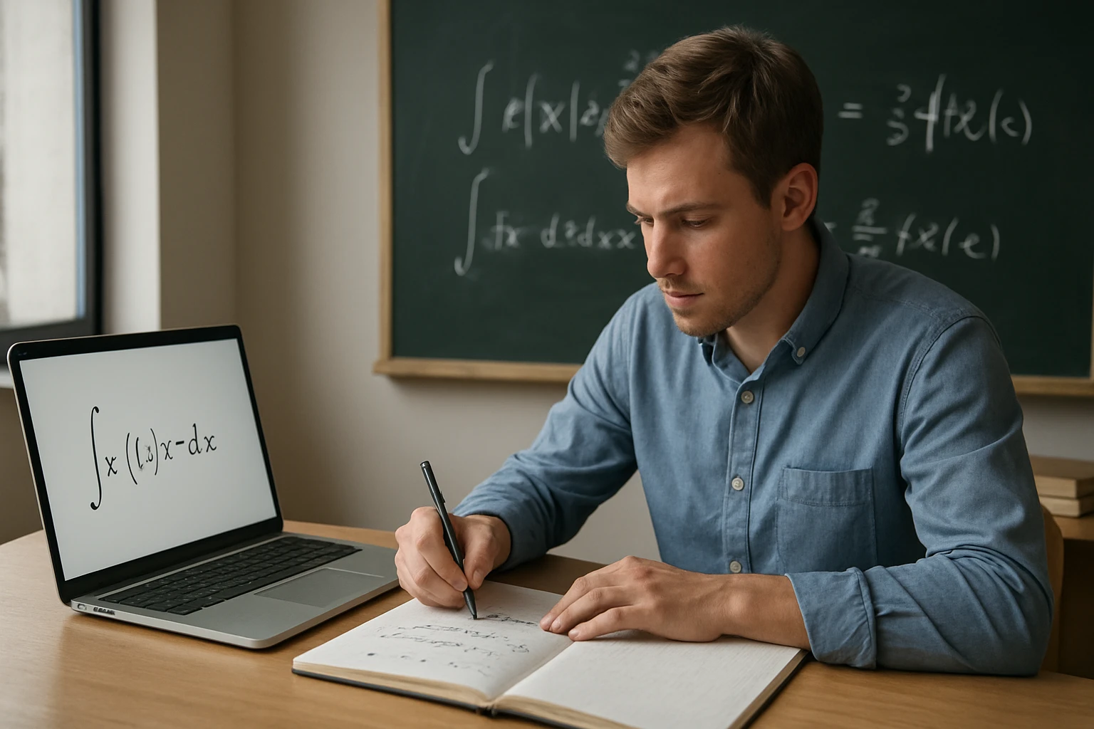 Egy fiatal férfi matematikai egyenleteket ír egy jegyzetfüzetbe, laptop előtt ülve.