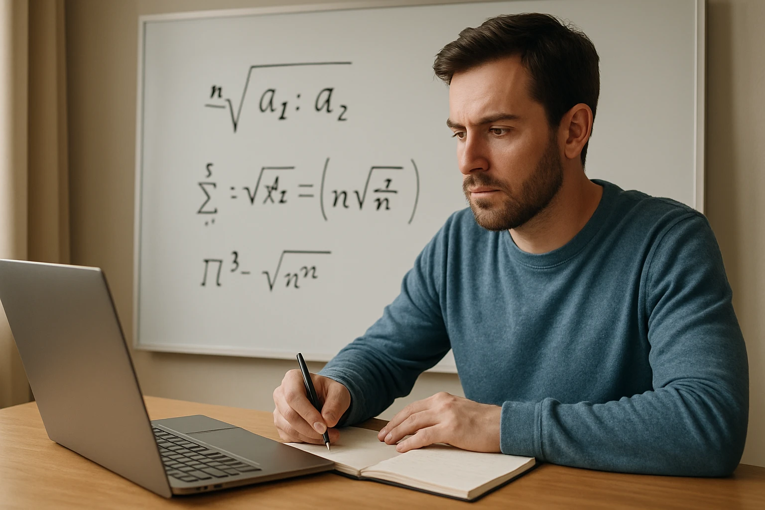 Egy férfi matematikai képleteket tanulmányoz laptop előtt, jegyzetel.