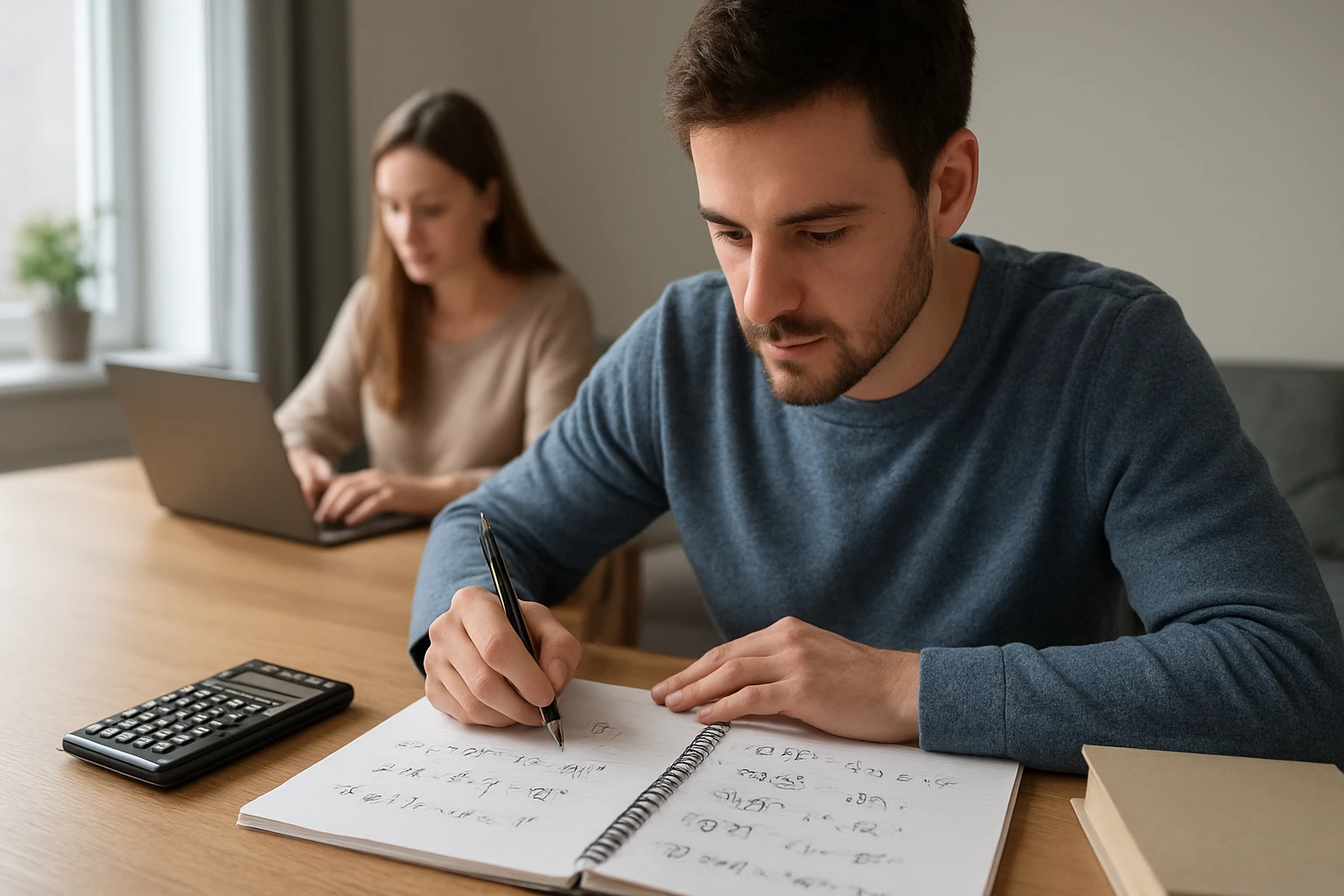 Egy férfi matematikai feladatokat ír egy jegyzetfüzetbe, míg egy nő a laptopján dolgozik.