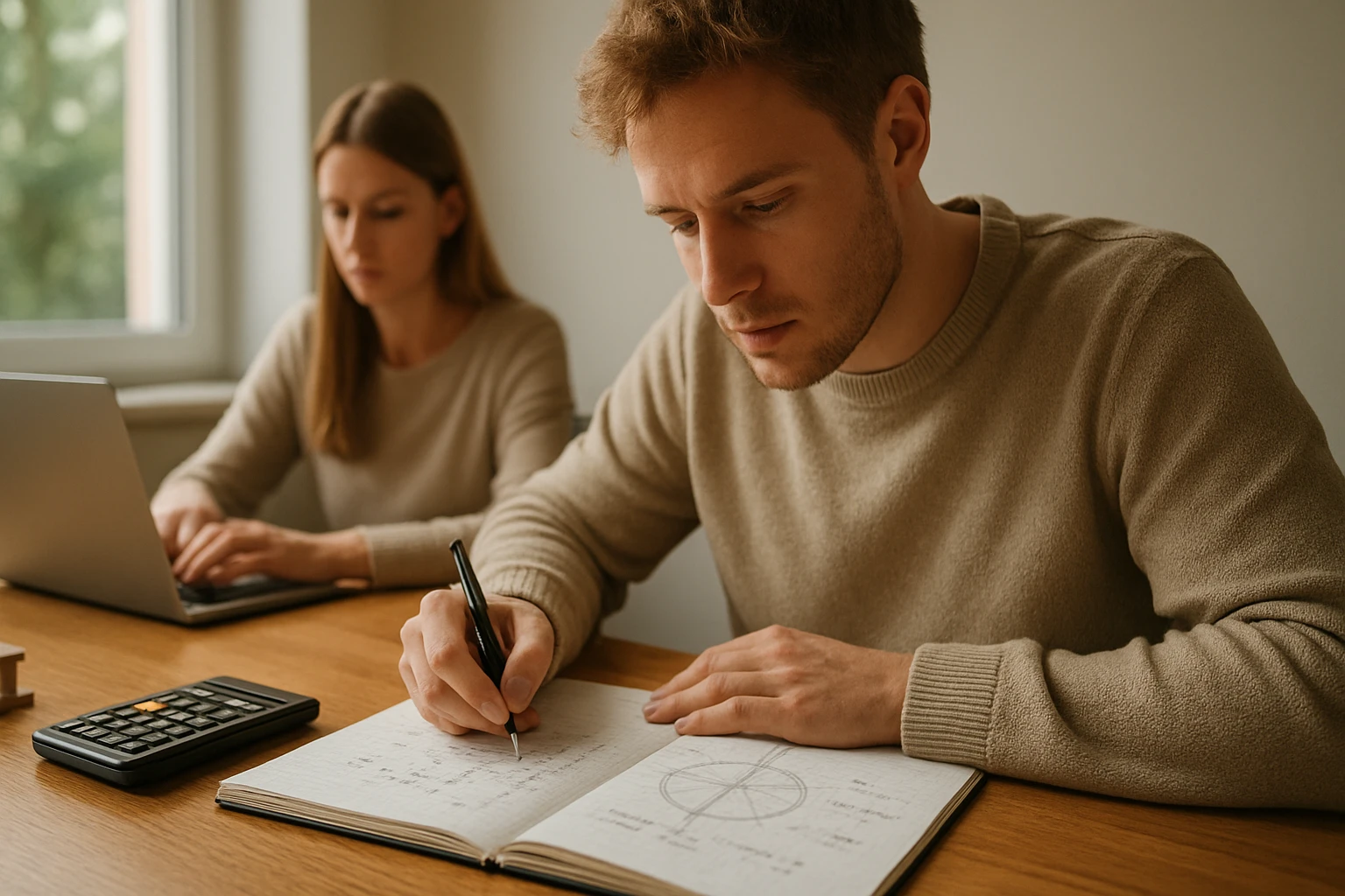 Egy fiatal férfi matematikai feladatokat ír egy jegyzetfüzetbe, míg egy nő laptopon dolgozik.
