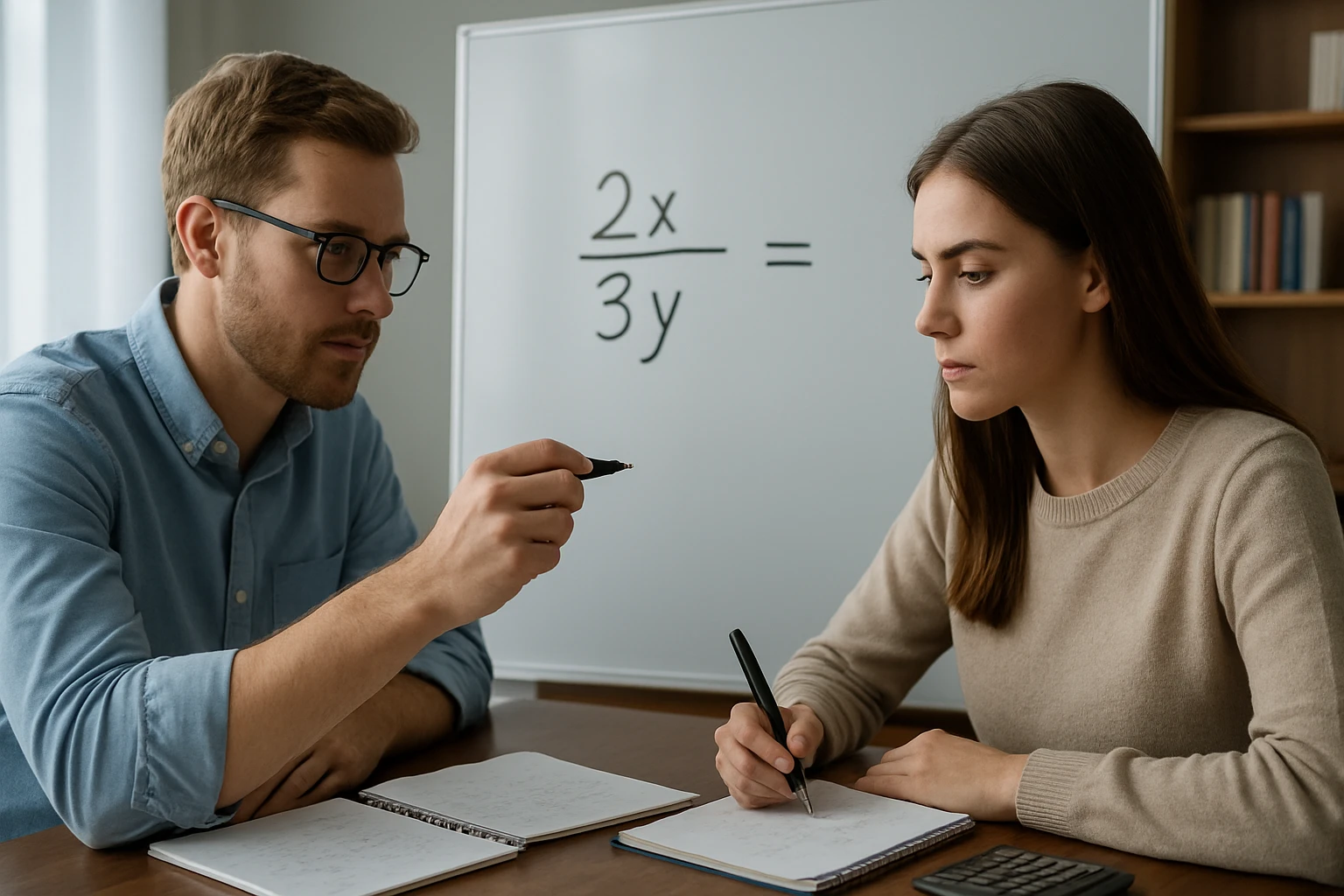 Egy férfi és egy nő matematikai feladatot oldanak meg egy táblánál.