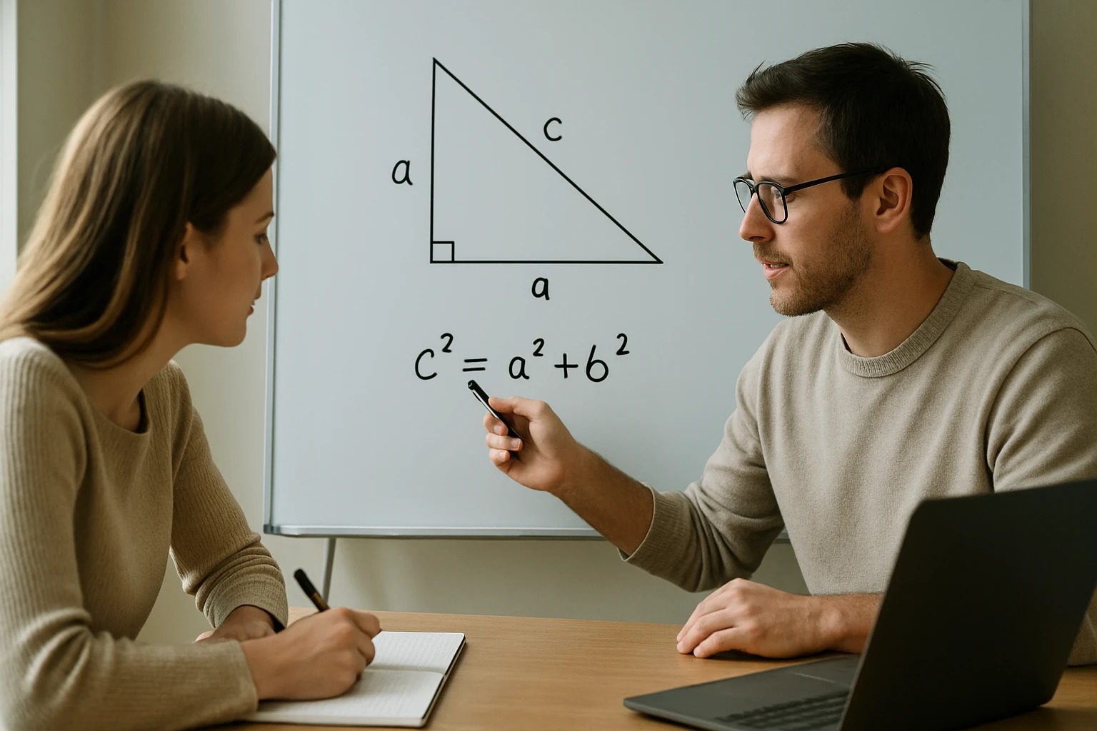 Egy férfi és egy nő matematikai példát tanulmányoznak, a táblán derékszögű háromszög és a Pitagorasz-tétel látható.