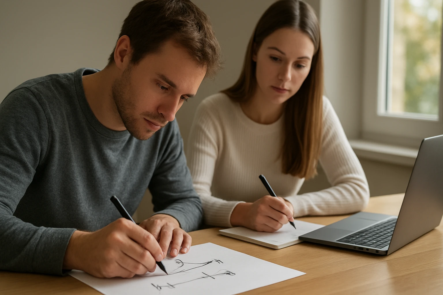 Két fiatal ember matematikai vázlatokat készít egy asztalnál.