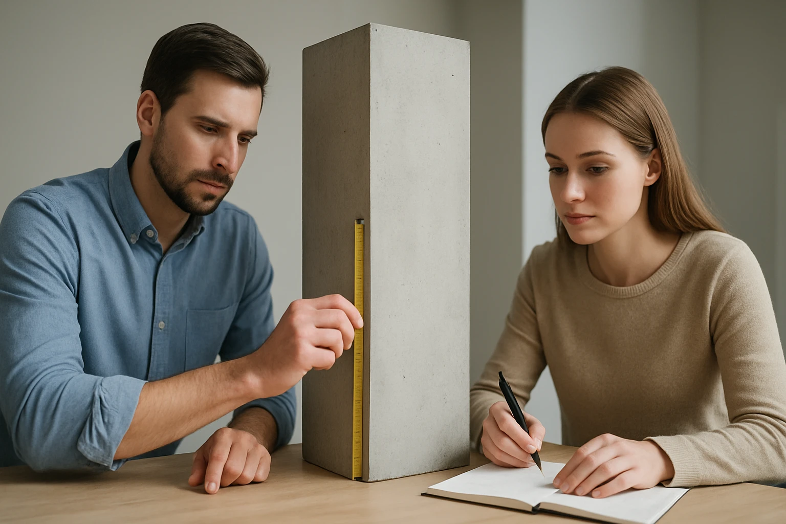 Két fiatal ember egy beton oszlop méretét mérik vonalzóval, jegyzetelnek.