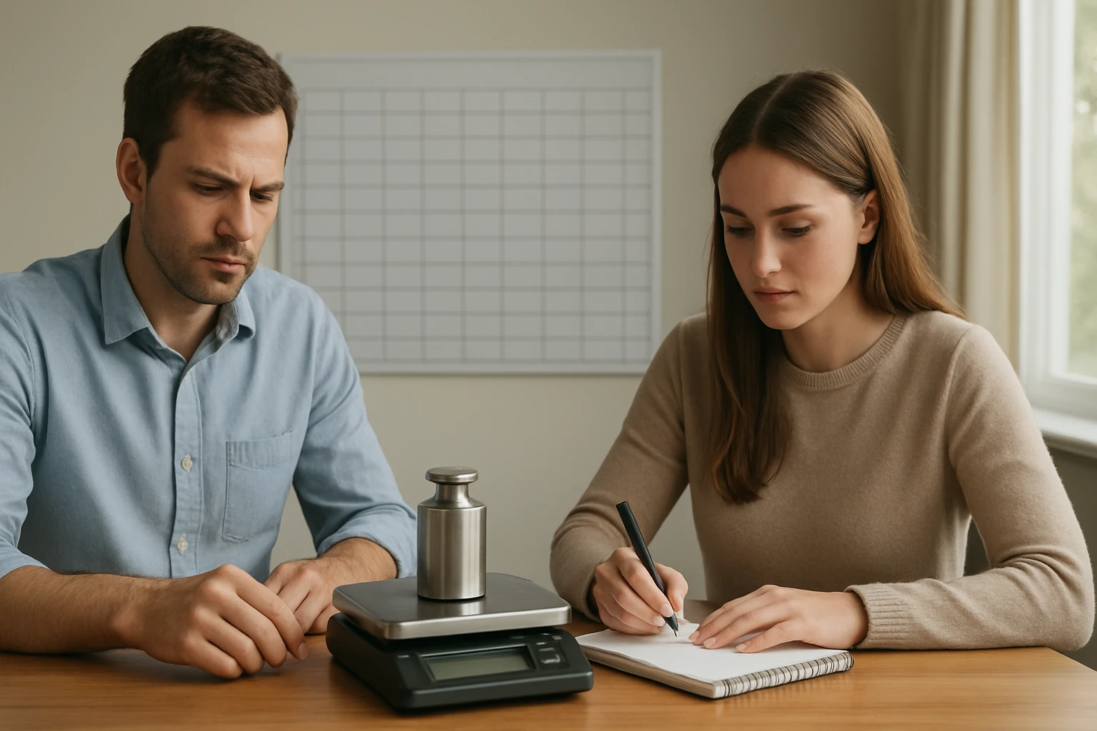 Két fiatal felnőtt egy asztalnál, mérlegen súlyt mérnek és jegyzetelnek.