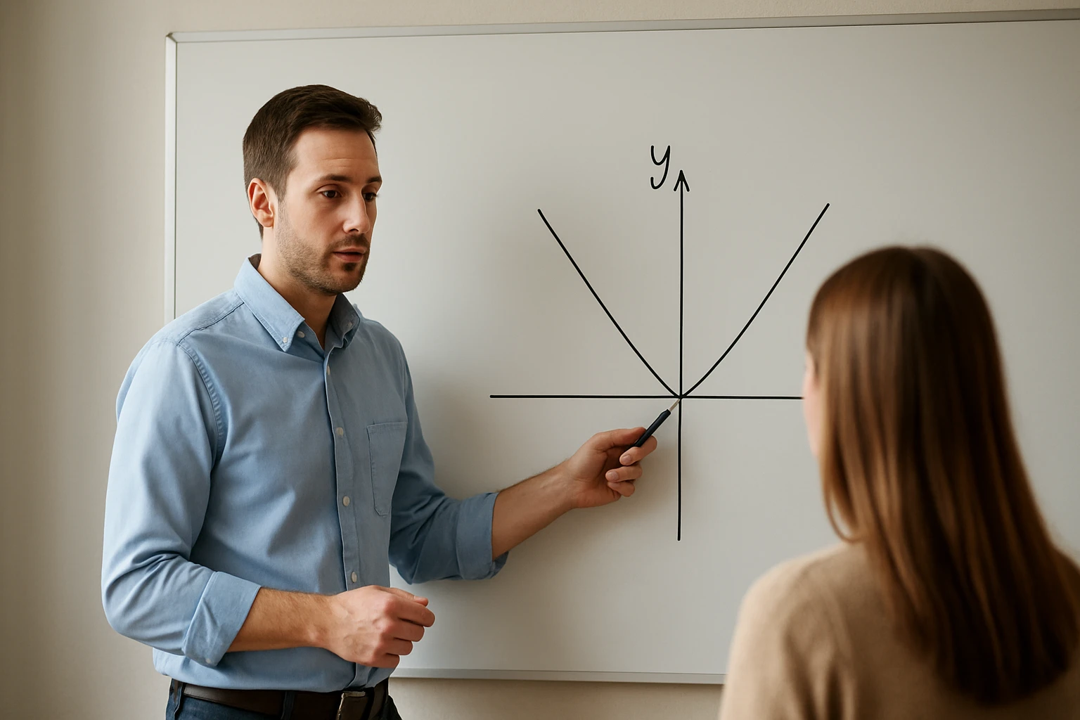 Egy tanár parabolát magyaráz egy diák számára egy táblán.