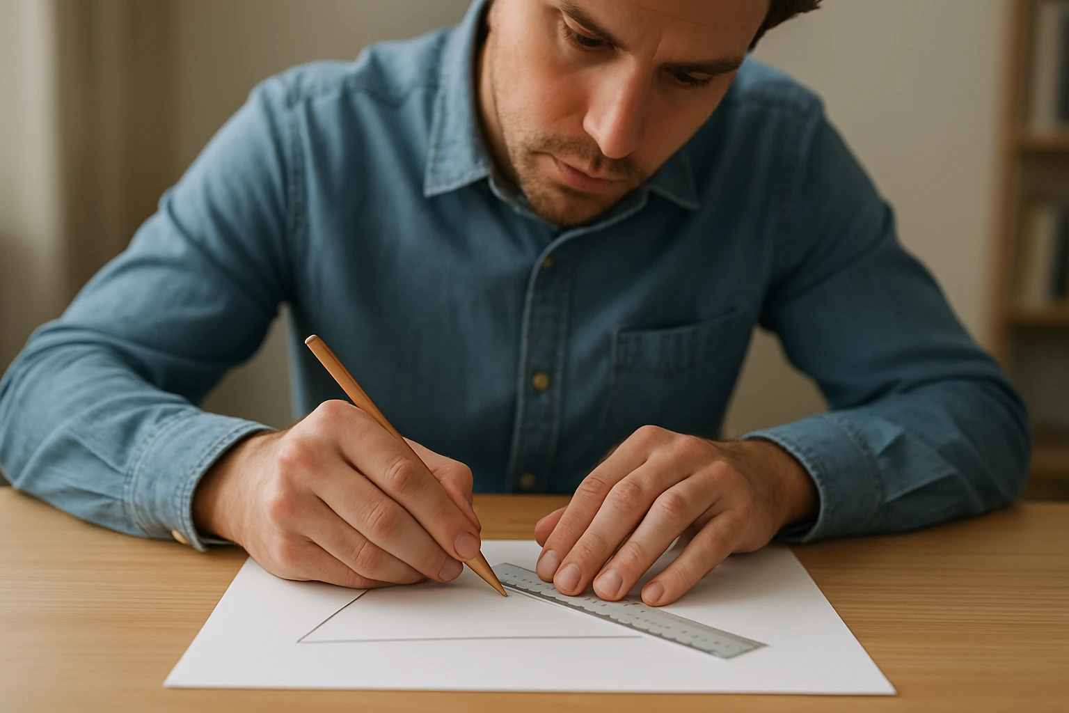 Egy férfi vonalzót használ, hogy pontosan rajzoljon egy háromszöget papíron.