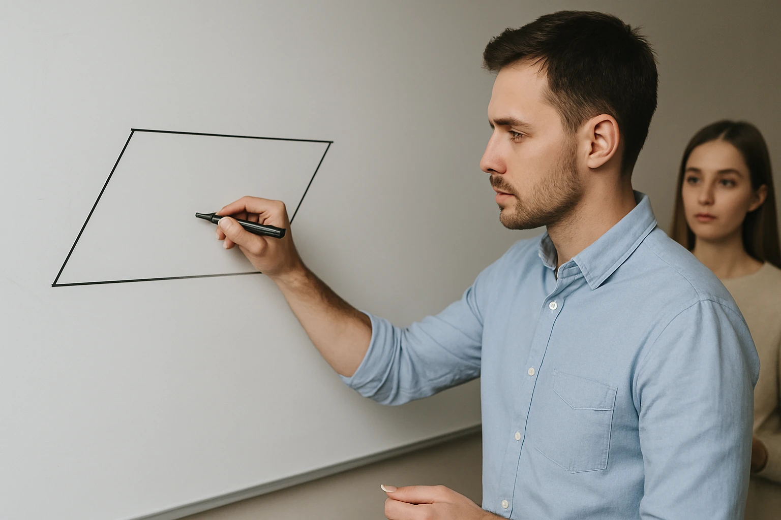 Egy férfi egy fehér táblára rajzol egy rombusz alakot, miközben egy nő figyeli.