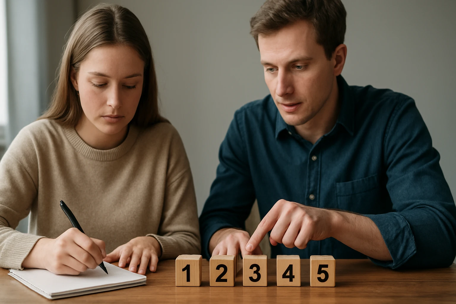 Két fiatal ember számokat tanulmányoz, az asztalon fa blokkokkal.
