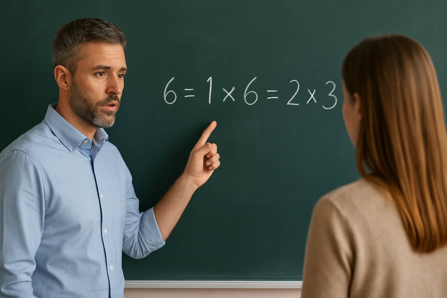 Egy tanár magyarázza a szorzás és az egyenletek alapjait a táblán.