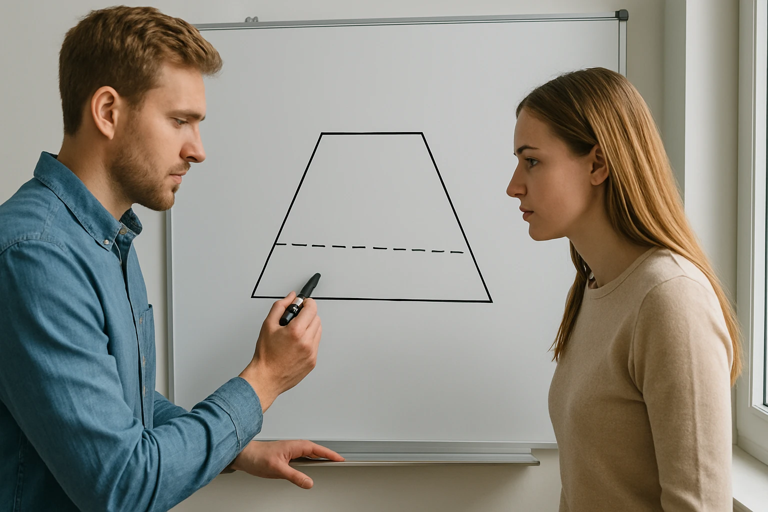 Egy férfi egy trapezoid alakzatot rajzol a táblára, miközben egy nő figyeli.