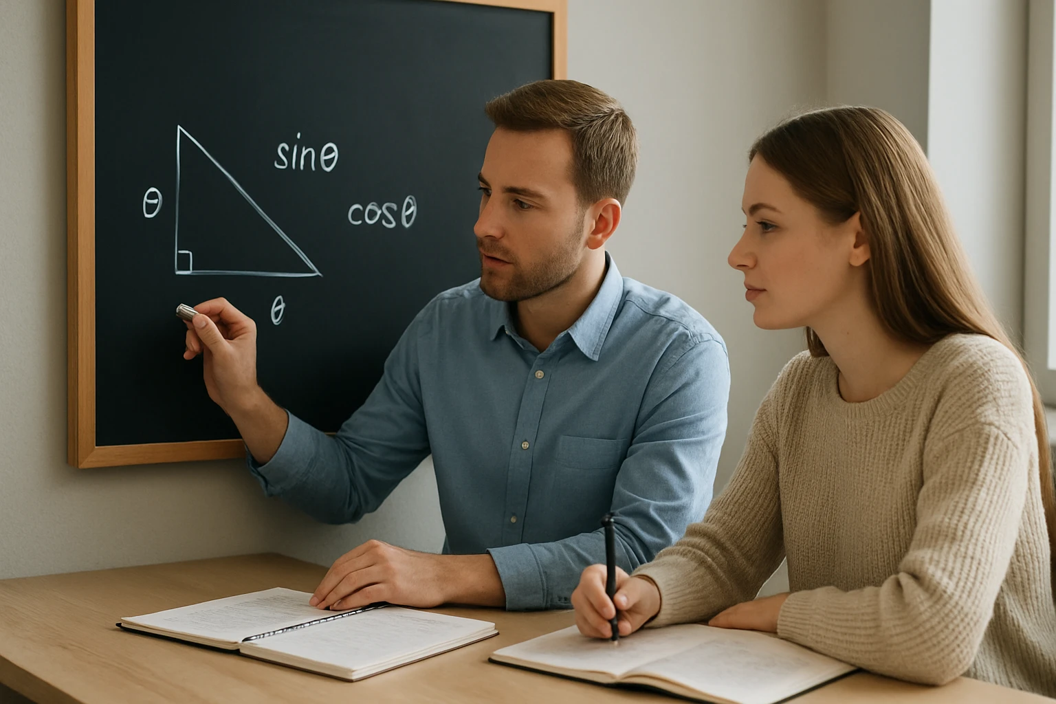 Két fiatal tanuló egy fekete táblánál trigonometriai fogalmakat tanulmányozik.