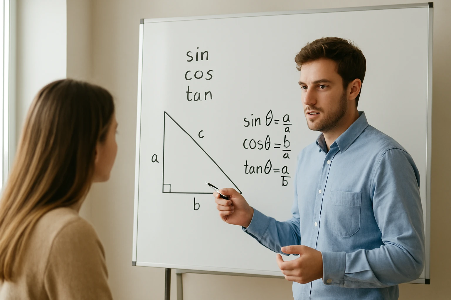 Egy férfi magyaráz egy háromszöget és trigonometriai függvényeket egy nőnek.