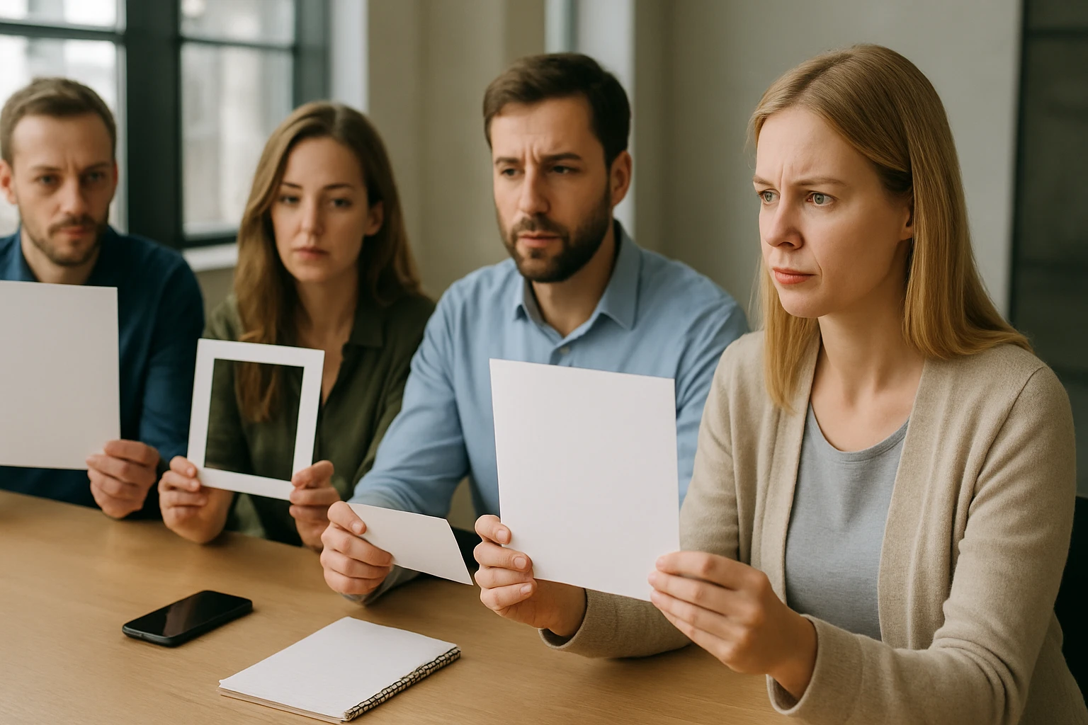 Négy ember ül egy asztalnál, fehér papírlapokat tartanak a kezükben.