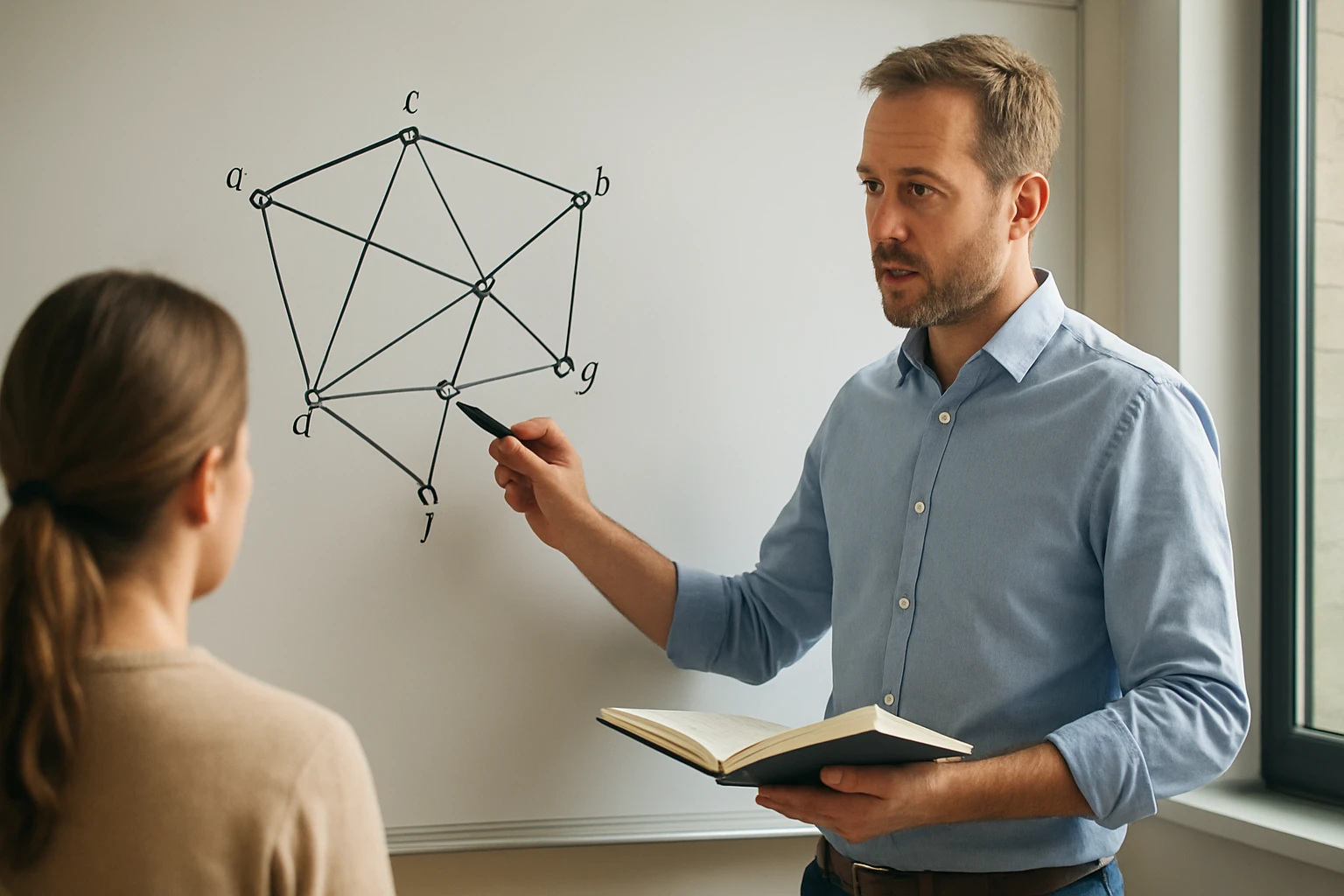 Egy tanár geometriai ábrát mutat egy diák számára, miközben magyaráz.