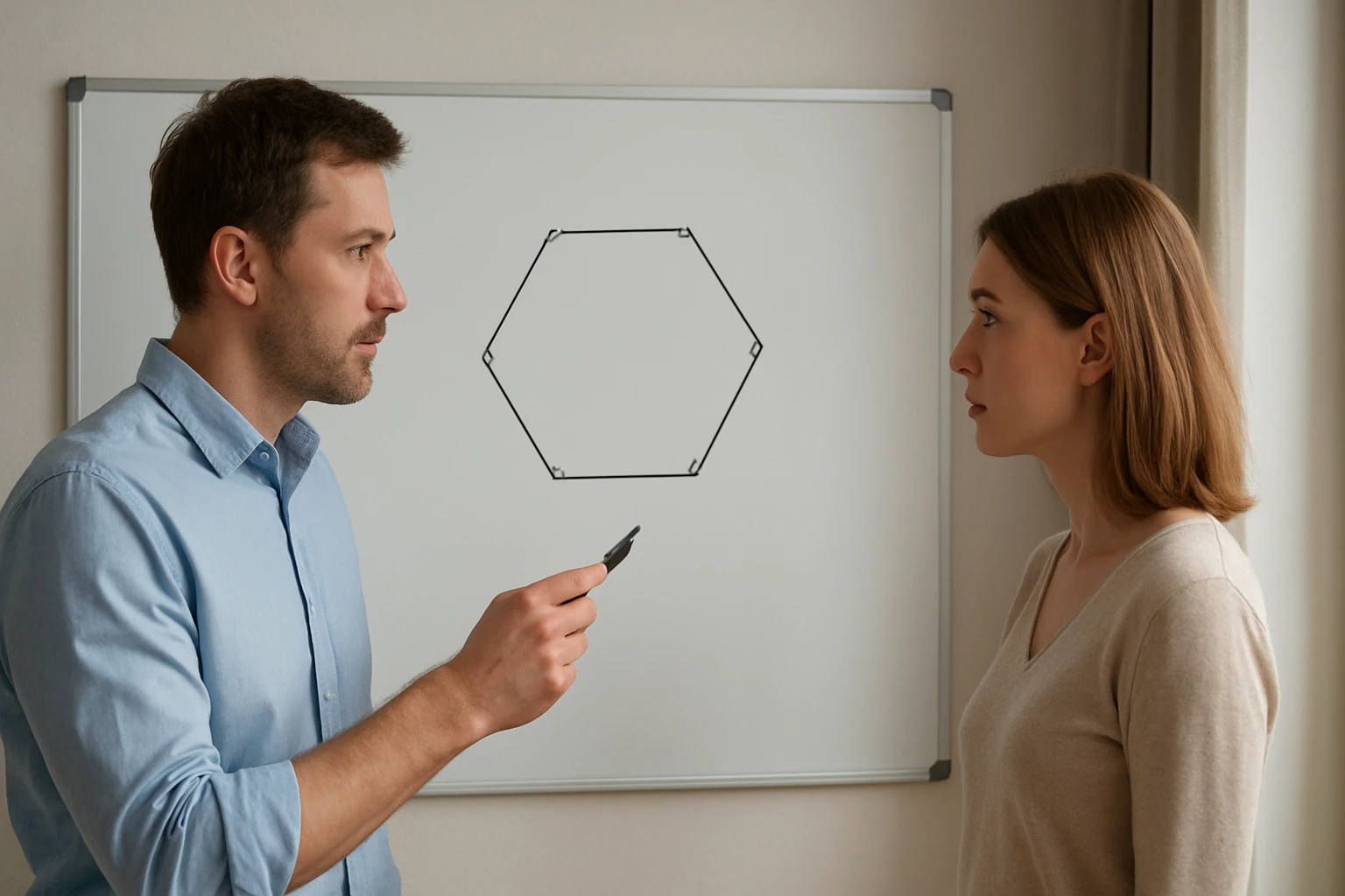 Egy férfi hexágont rajzol a táblára, miközben egy nő figyeli.