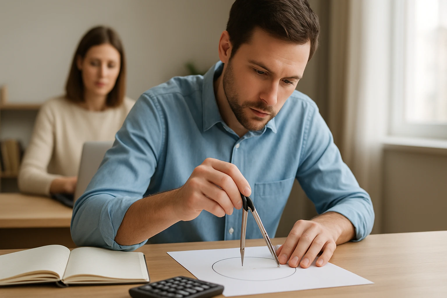 Egy férfi körzővel kört rajzol papíron, miközben egy nő a háttérben dolgozik.