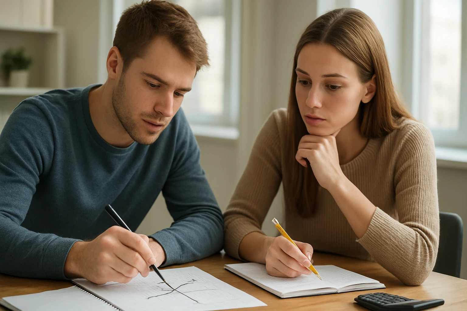 Két fiatal, egy férfi és egy nő, matematikai feladatot oldanak közösen.