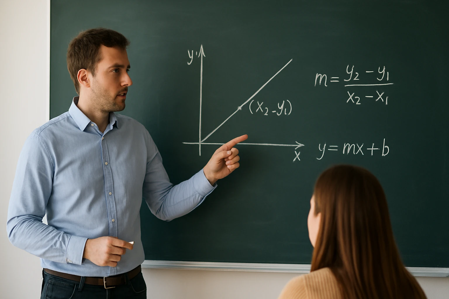 Egy tanár a táblán a lineáris egyenletek grafikus ábrázolását magyarázza.