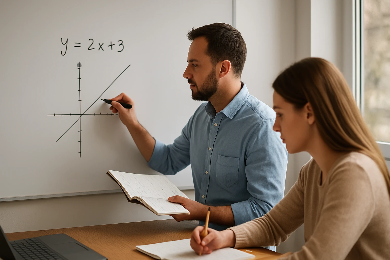 Egy férfi a táblán egy lineáris egyenletet magyaráz, míg egy nő jegyzetel.