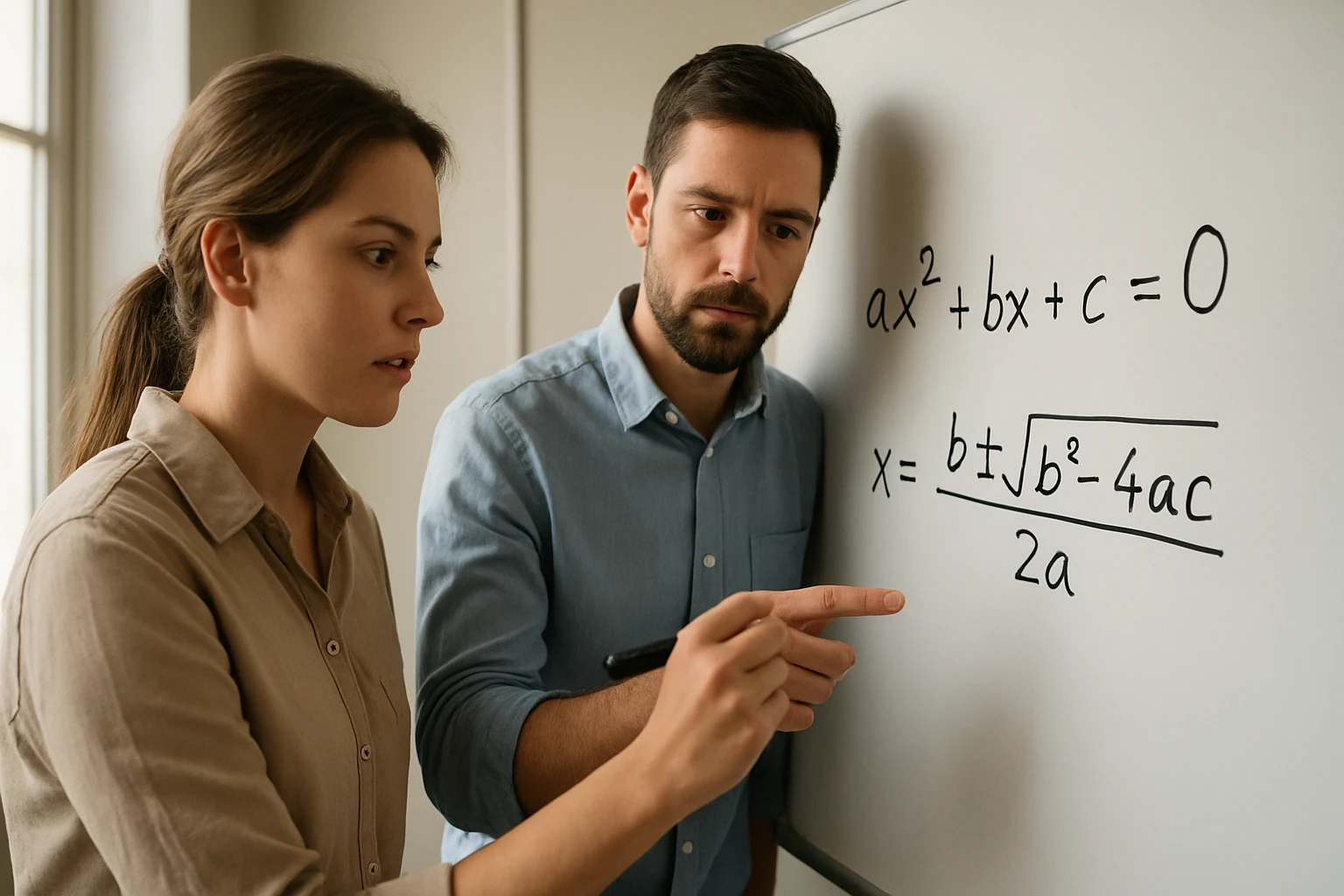 Két ember egy táblánál, ahol a másodfokú egyenlet megoldásának képlete látható.