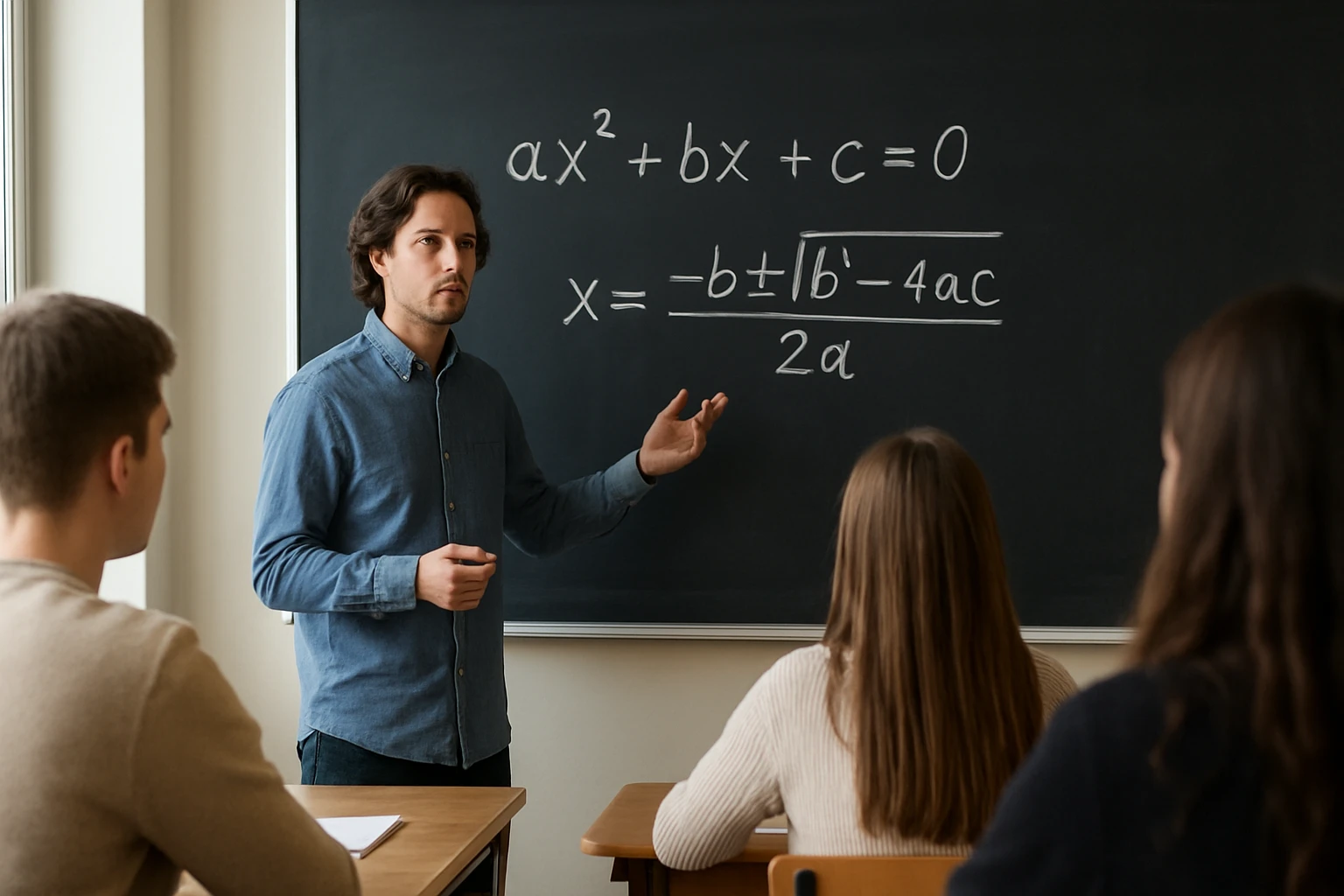 Egy tanár magyarázza a másodfokú egyenlet megoldását a táblán.