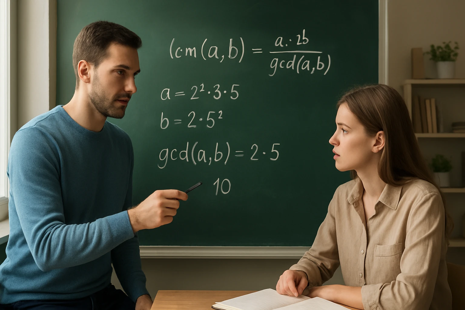 Egy férfi és egy nő ül egy asztalnál, matekfeladatot oldanak meg.