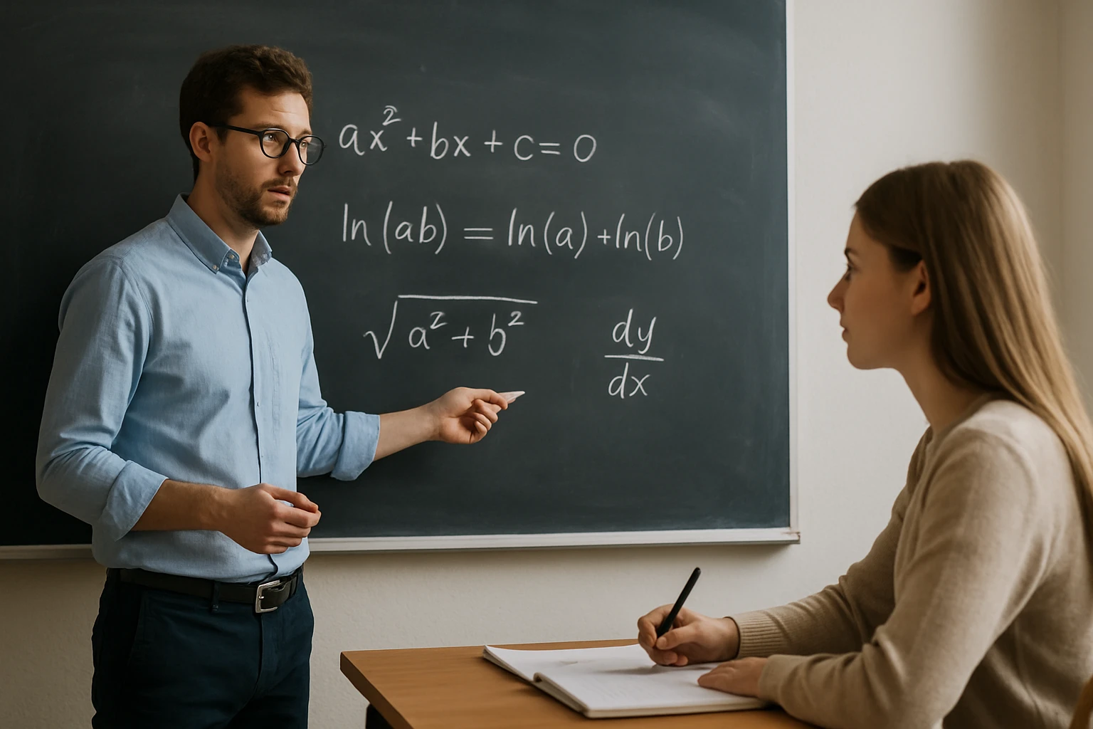 Egy tanár matematikai egyenleteket magyaráz a diákjának táblán.