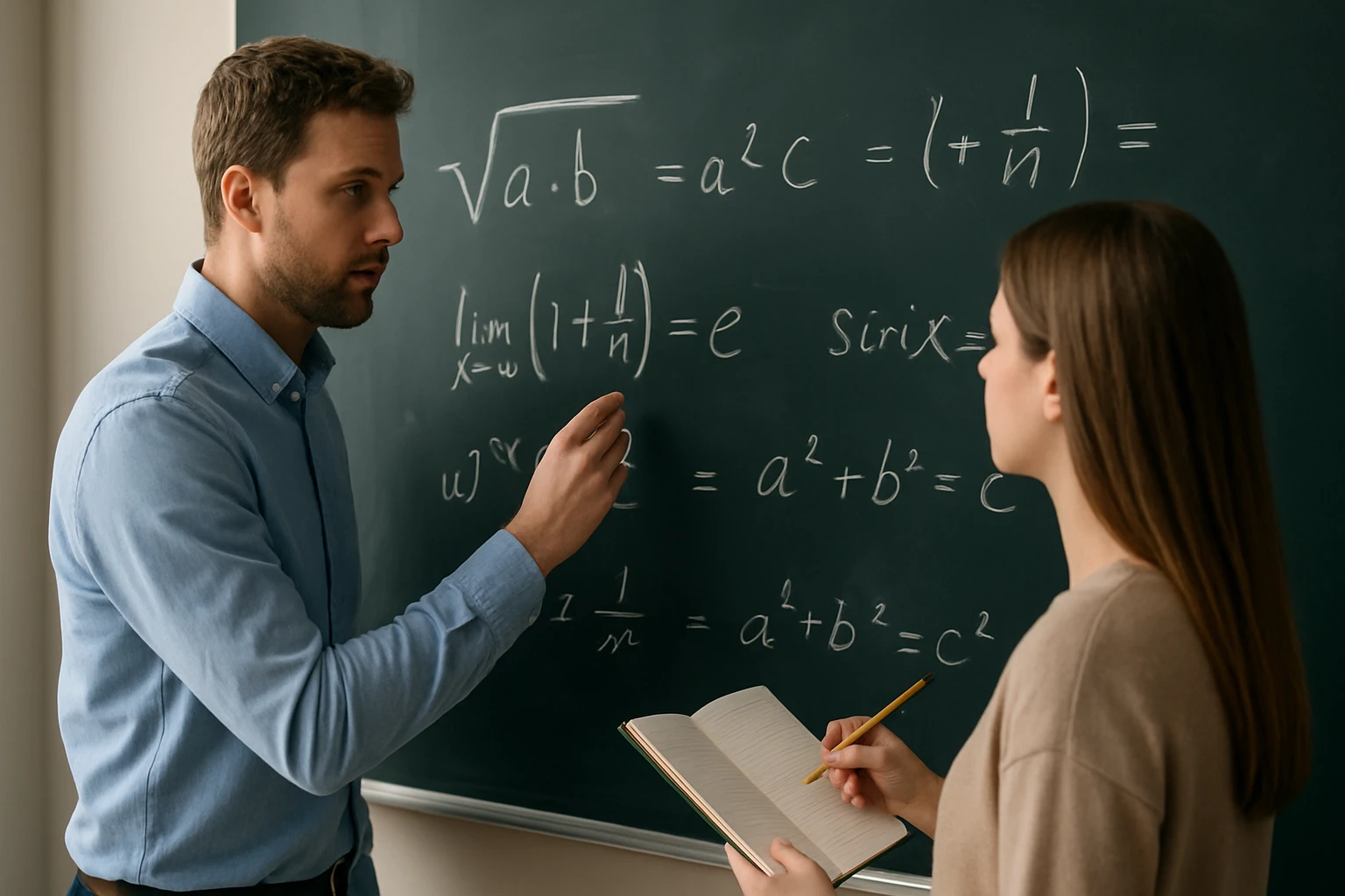 Egy tanár magyaráz matematikai képleteket egy diák számára táblán.