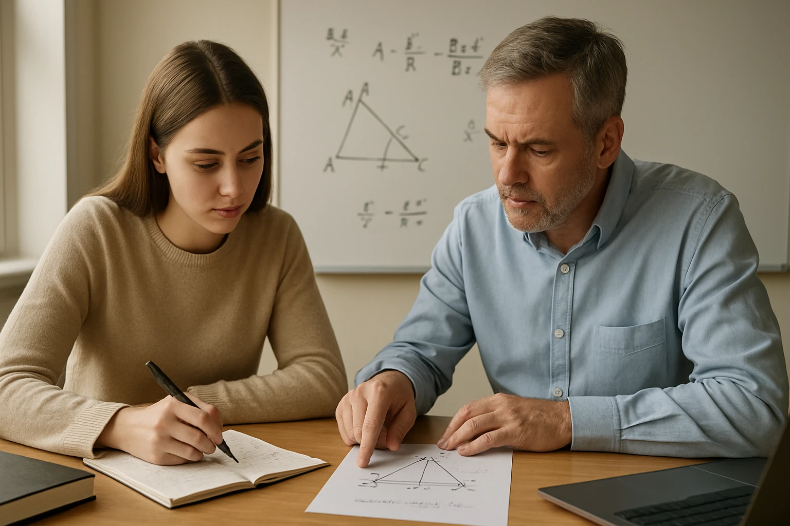 Egy diák és tanár matematikai feladatokat oldanak meg közösen.