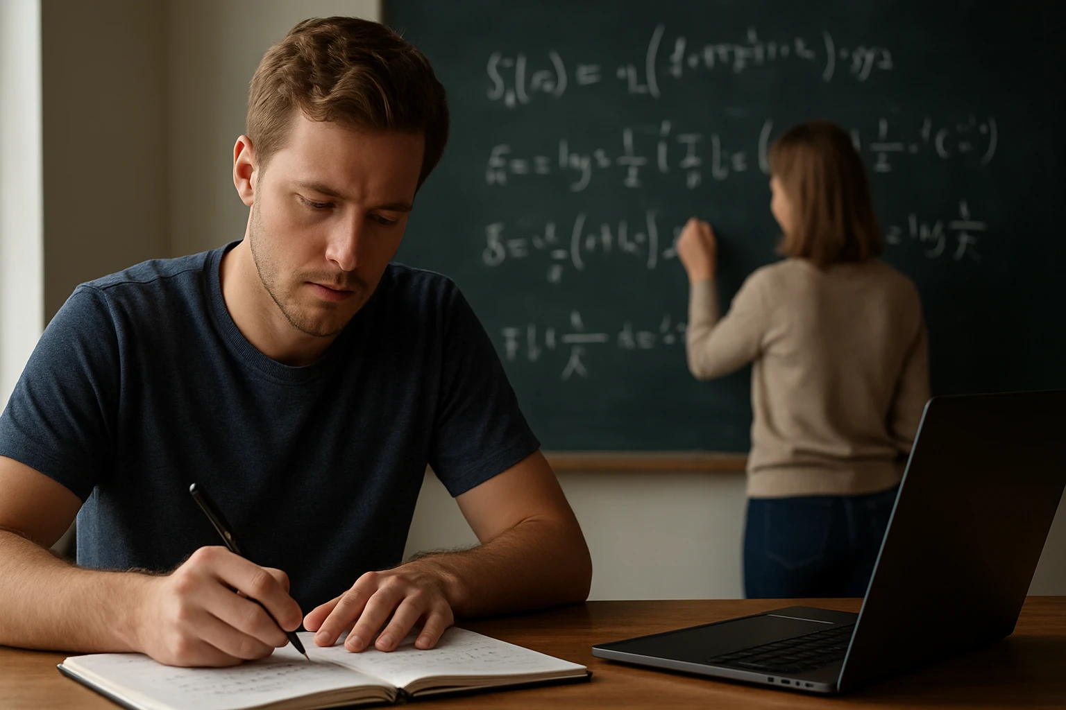 Egy fiatal férfi matematikai feladatokat ír egy jegyzetfüzetbe, háttérben tanárnő.