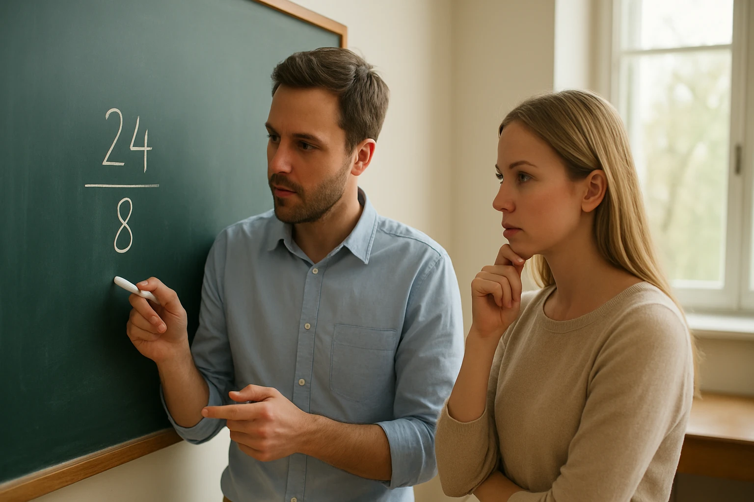 Egy férfi a táblánál matematikai feladatot magyaráz, nő figyelmesen hallgat.