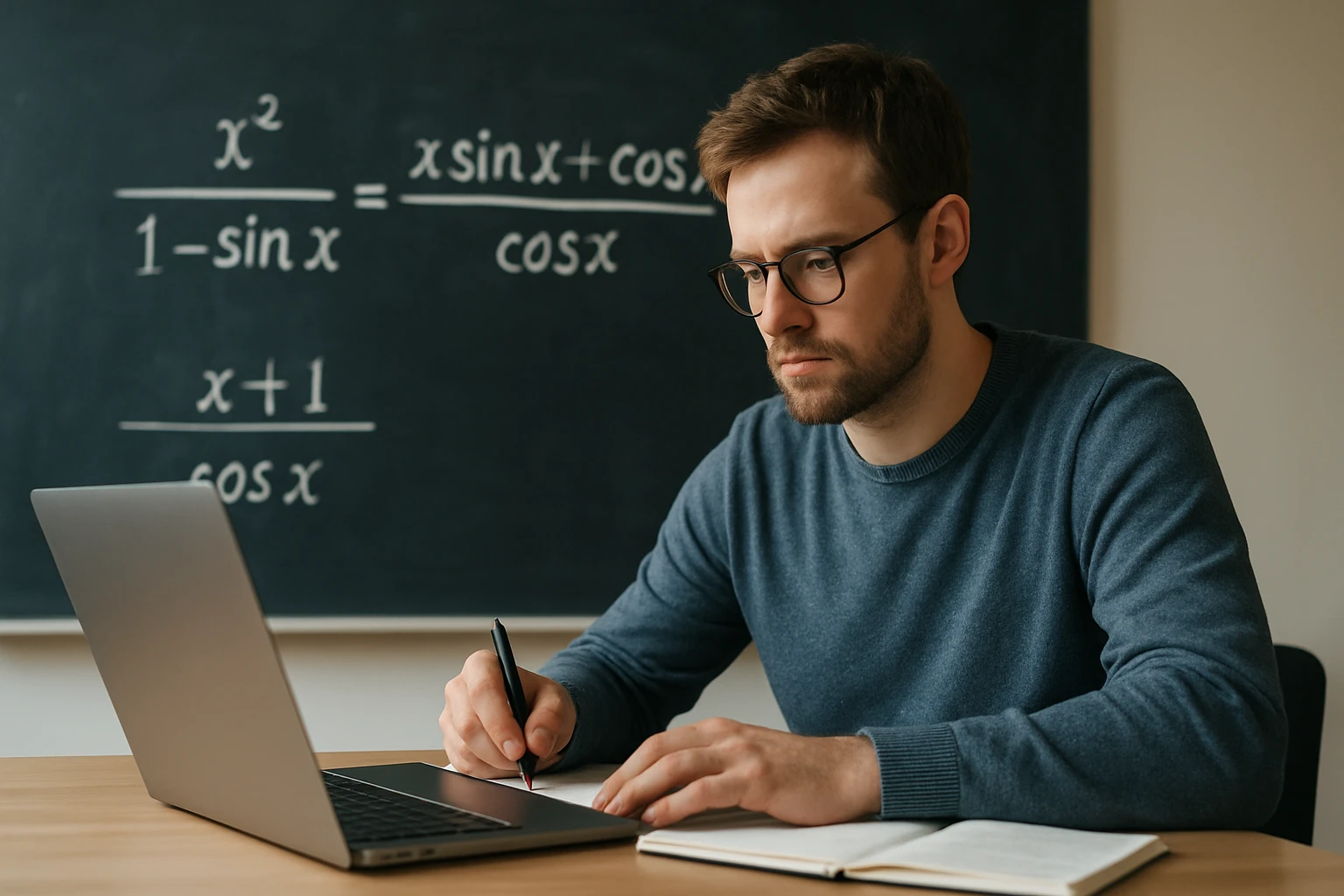 Egy fiatal férfi matematikai egyenleteket tanulmányoz laptopján és jegyzetel.