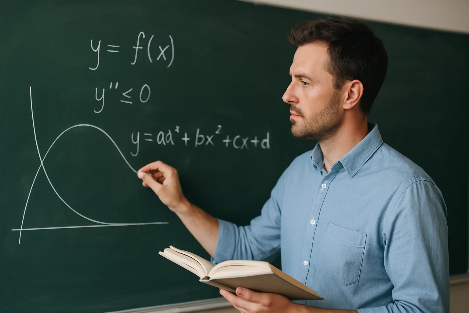 Egy tanár a táblán matematikai egyenleteket ír, miközben könyvet tart a kezében.