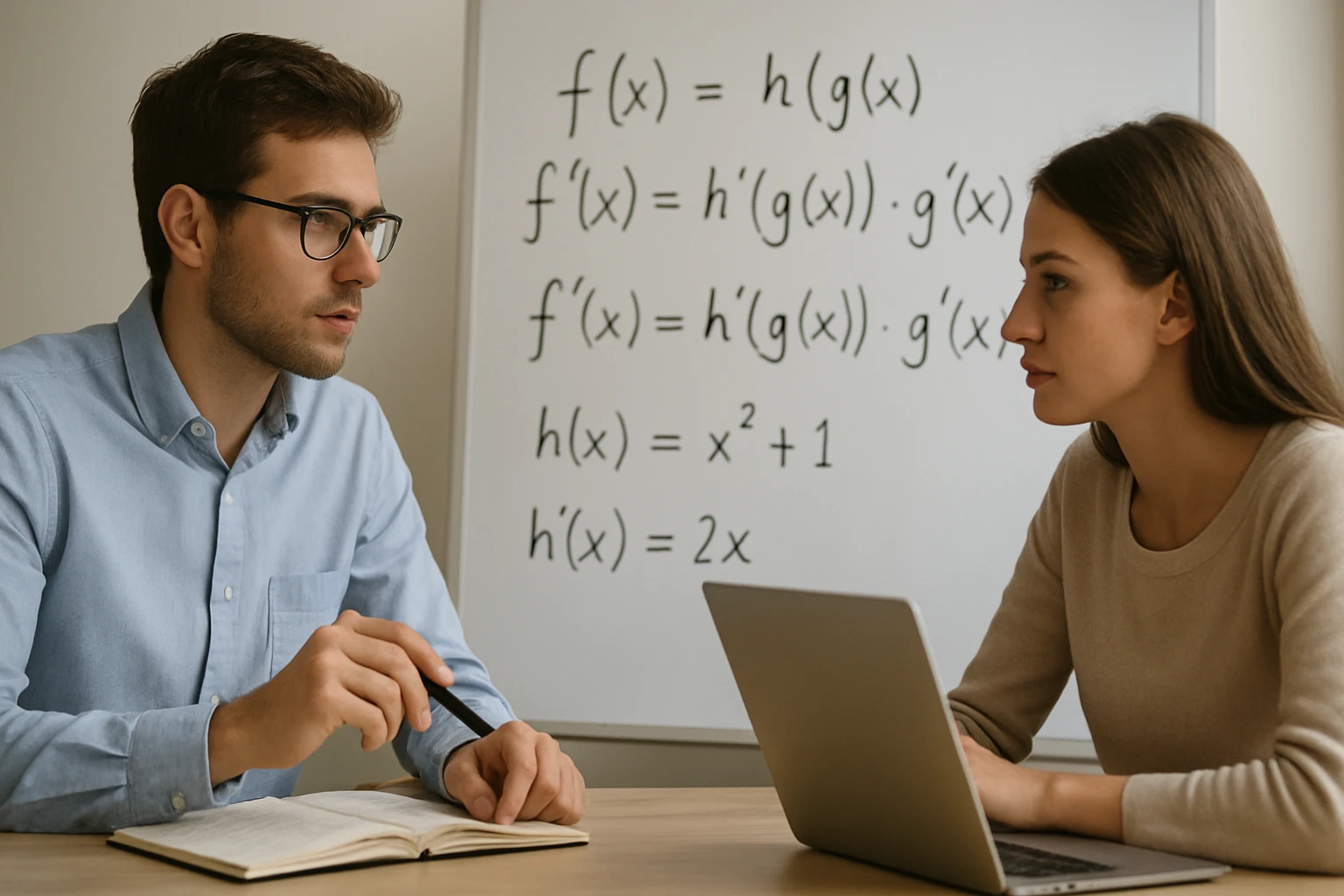 Két fiatal felnőtt matematikai egyenleteket beszélget a táblán.