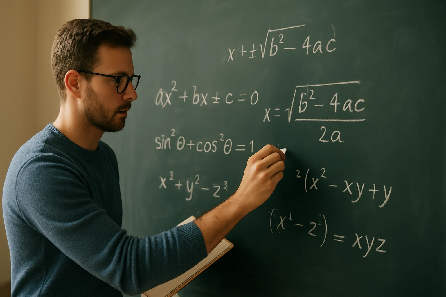 Egy férfi matematikai egyenleteket ír a táblára, miközben figyelmesen néz.