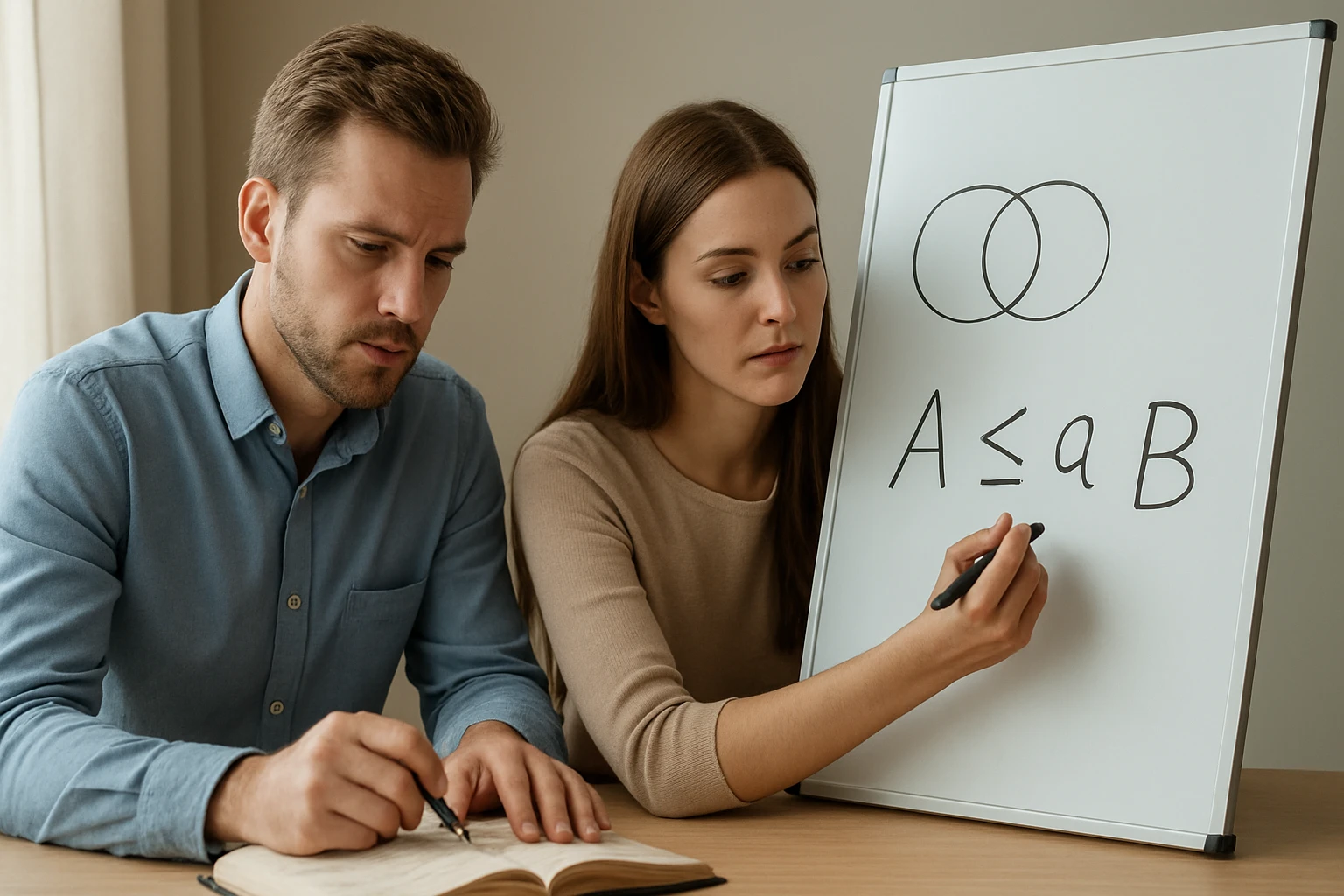 Két fiatal felnőtt matematikai egyenleteket ír egy táblára.