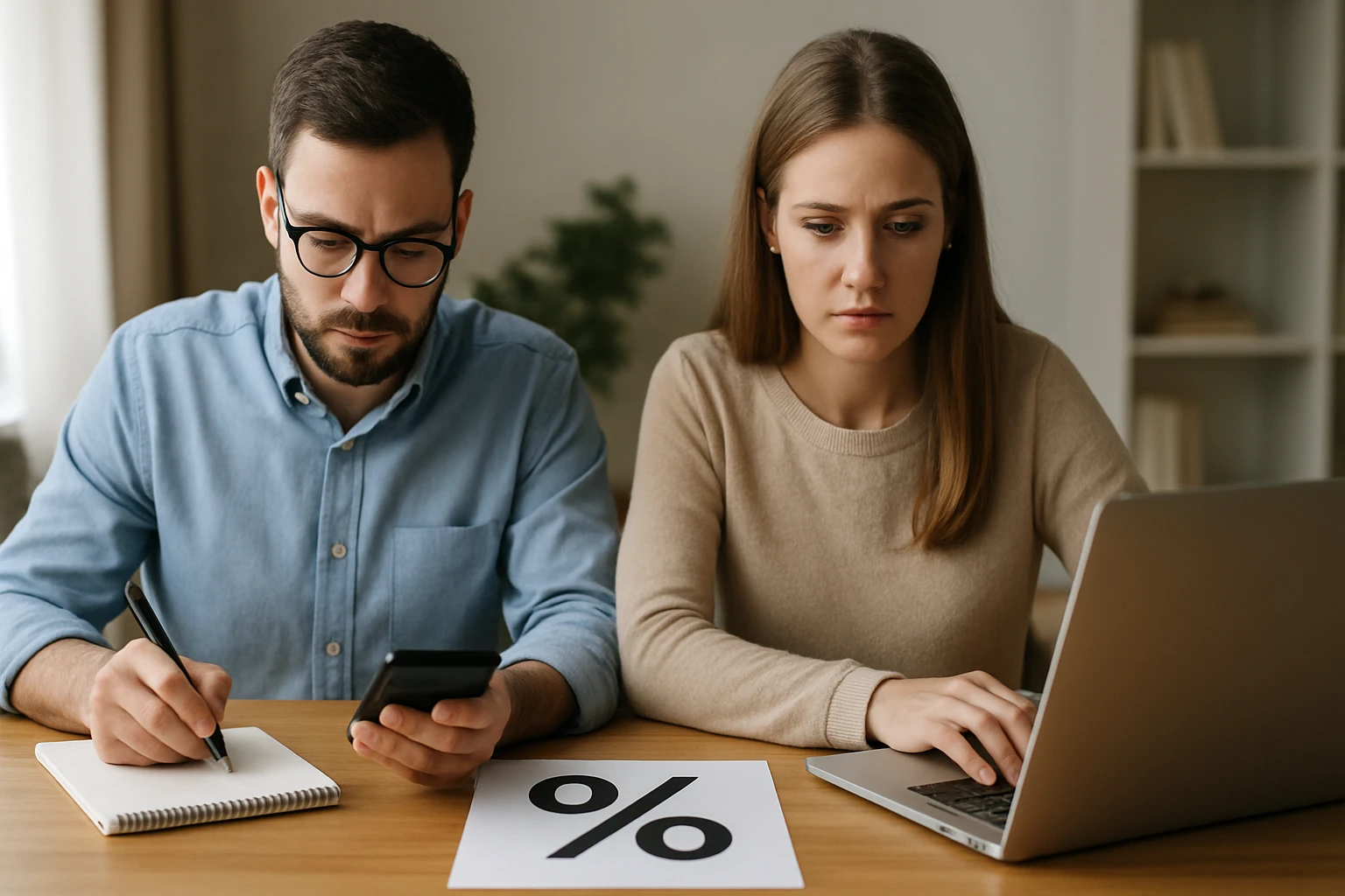 Két fiatal felnőtt, egy férfi és egy nő, matematikai feladatot oldanak meg.