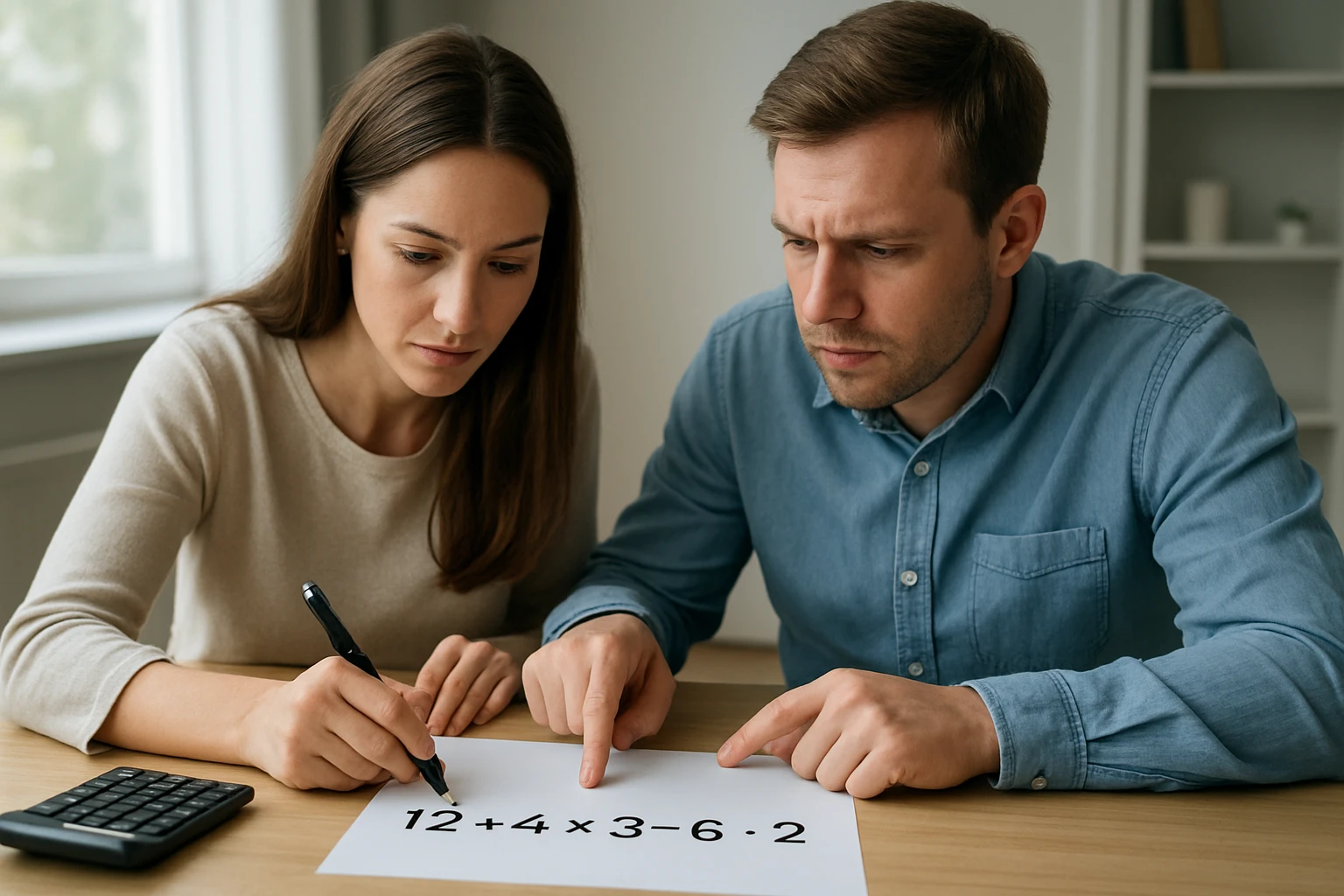 Két ember matematikai feladatot old meg, papíron számokkal és műveletekkel.