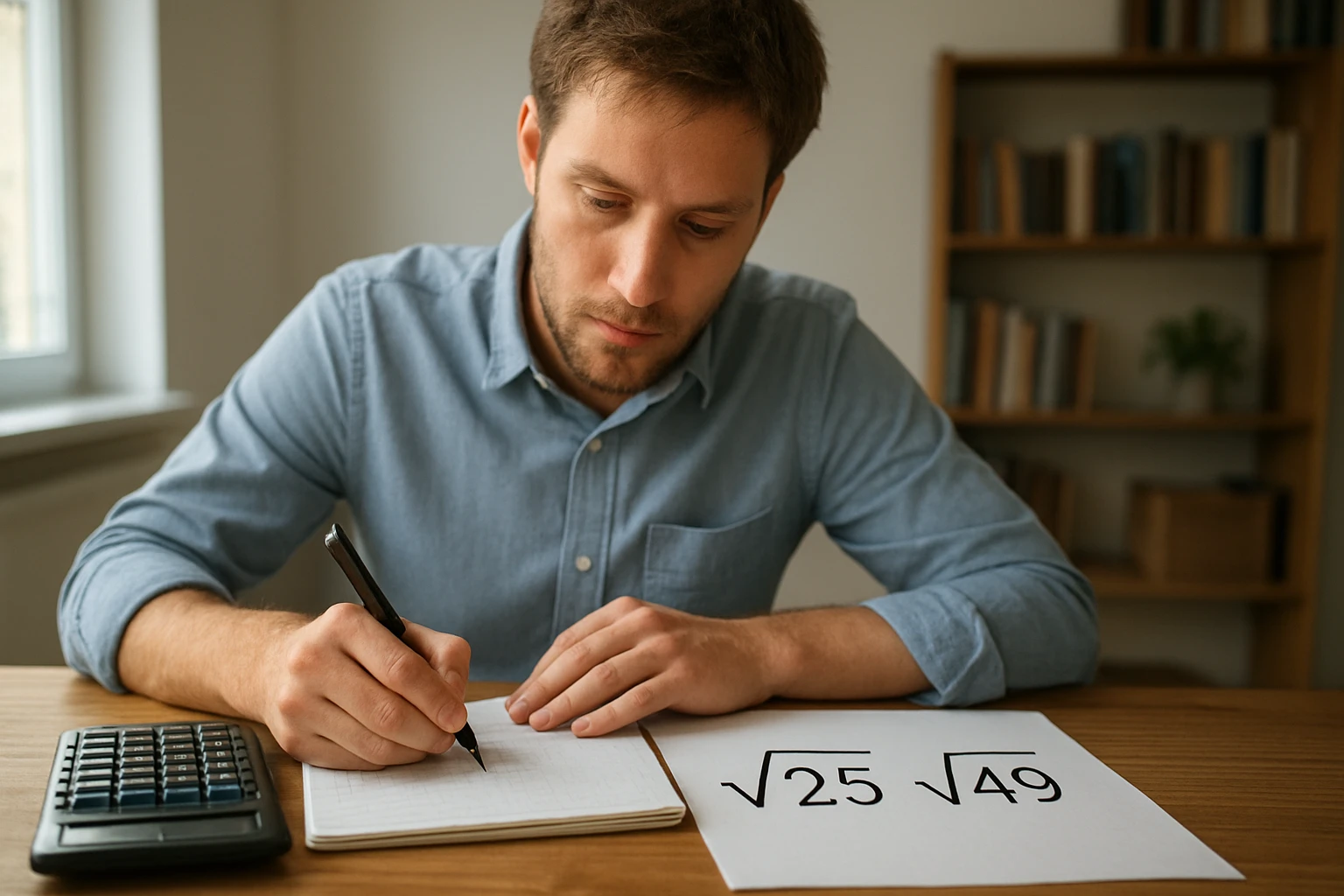 Egy férfi matematikai feladatokat old meg, a négyzetgyökök számítására összpontosítva.